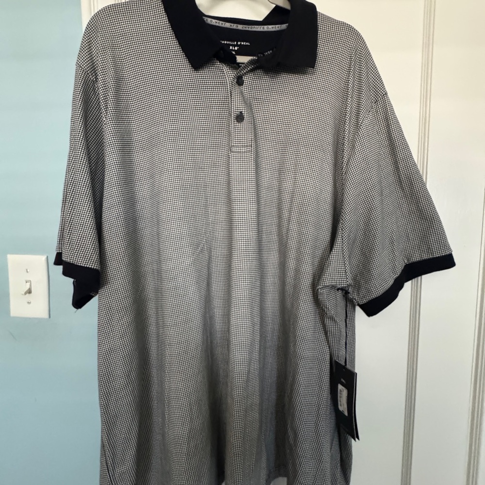 Men's Black & White Micro-Check Polo with Contrast Collar